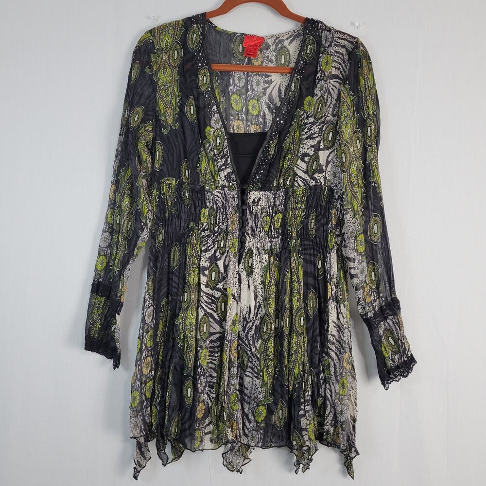 Sheer Floral Mixed Print Asymmetrical Hem Top sz M Y2K Witchy Boho Fairy Grunge
